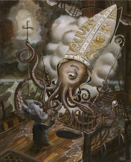 Finally, Olsen's most recent squid painting, "St. Architeuthis" casts the 